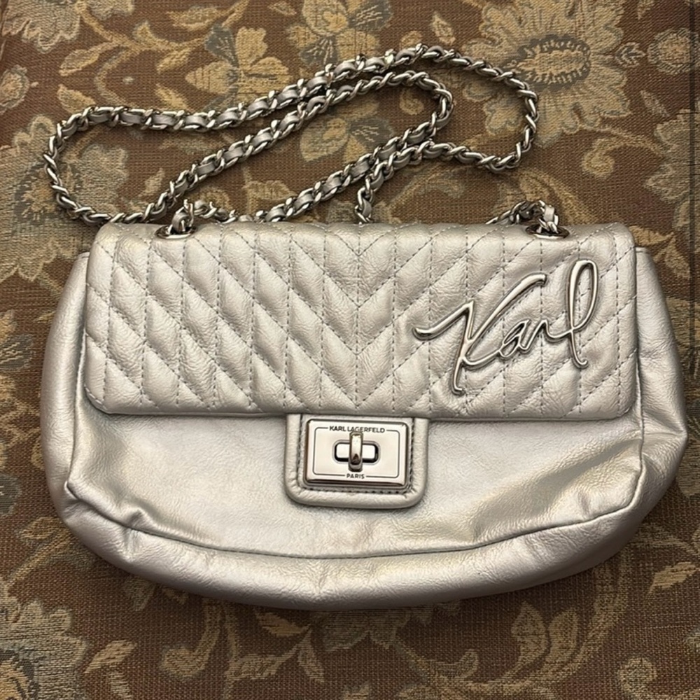 Karl Lagerfeld Metallic Silver Shoulder Bag with silver shoulder chain!